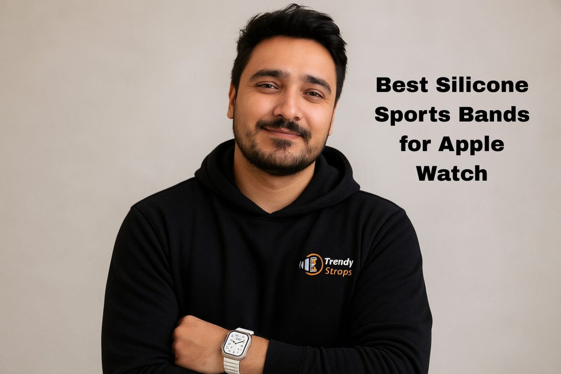 Man wearing an Apple Watch with the text 'Best Silicone Sports Bands for Apple Watch' in the background.