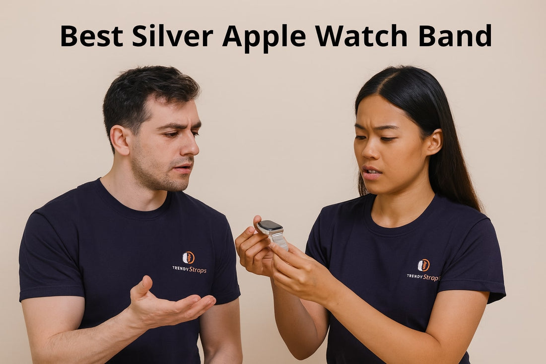 Two people discussing a silver Apple Watch band, highlighting style and compatibility considerations.