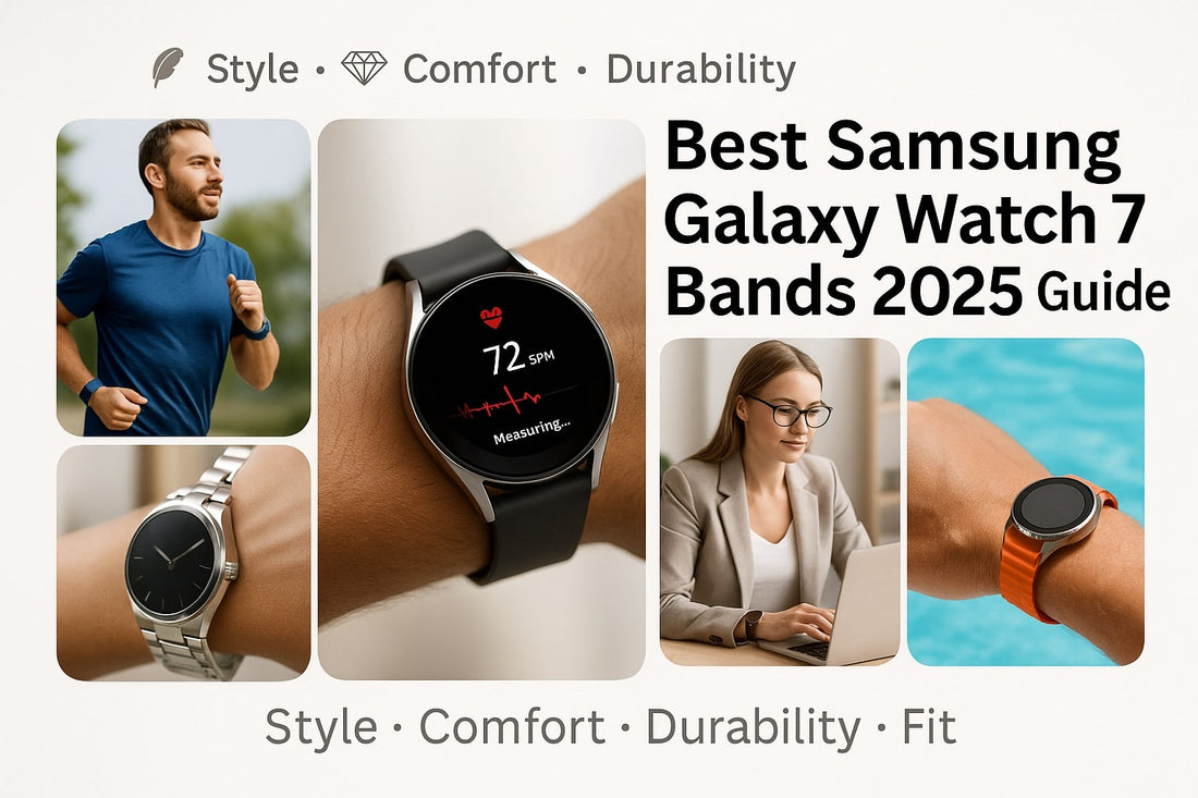 Hero banner showing different Samsung Galaxy Watch 7 bands including silicone, leather, stainless steel, and ocean straps worn by men and women in lifestyle scenes, representing comfort, style, and durability.