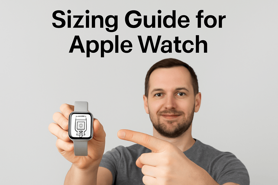 Man holding Apple Watch with a gray band, showcasing a sizing guide for optimal fit.