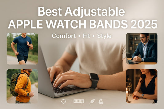 Hero banner showing people wearing adjustable Apple Watch bands — braided, Milanese, titanium and Sport Loop styles for women and men 2025.