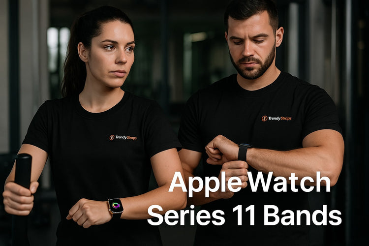 Man and woman in gym wearing black TrendyStraps logo t-shirts, showcasing Apple Watch Series 11 bands during workout with bold text 'Apple Watch Series 11 Bands'.