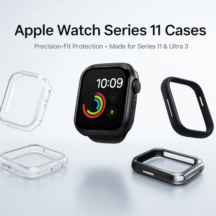 Apple Watch Series 11 Cases collection banner showing black titanium, clear polycarbonate, and slim matte protective cases floating around Apple Watch Series 11, showcasing premium design and precision-fit protection.