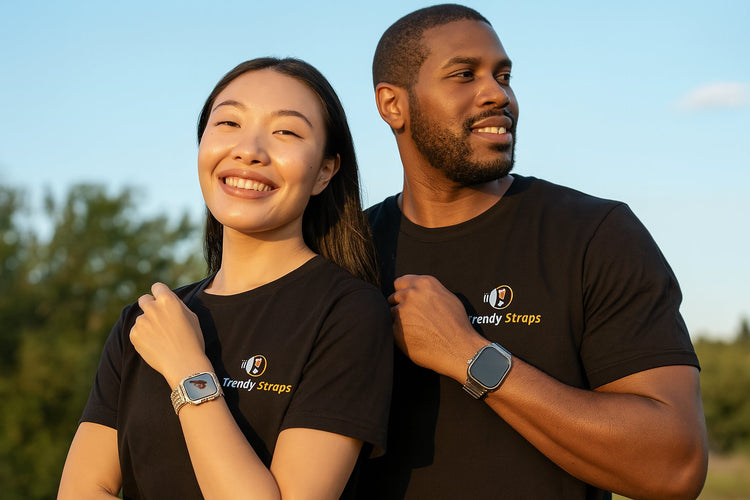 Couple showcasing stylish Apple Watch bands, highlighting sporty and casual vibes in trendy outdoor setting.