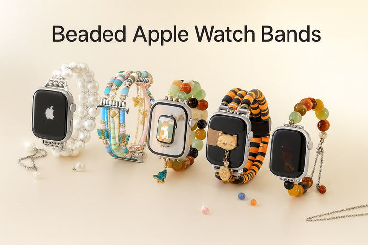 Beaded Apple Watch Bands Collection Banner featuring pearl, gemstone, wooden, boho, and Halloween beaded Apple Watch straps displayed in elegant Apple-style daylight studio background.