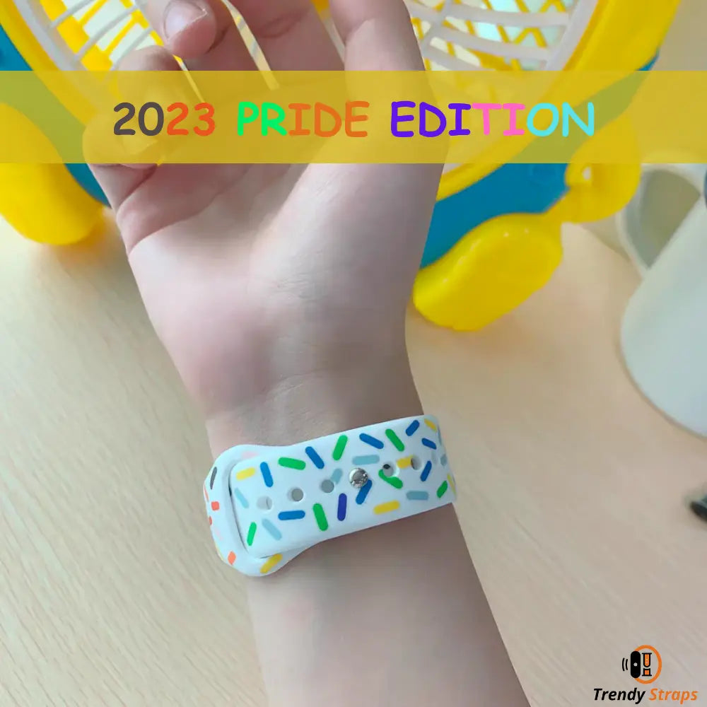 Colorful Pride silicon sports band on wrist, soft and durable, perfect for outdoor activities, 2023 Pride Edition.