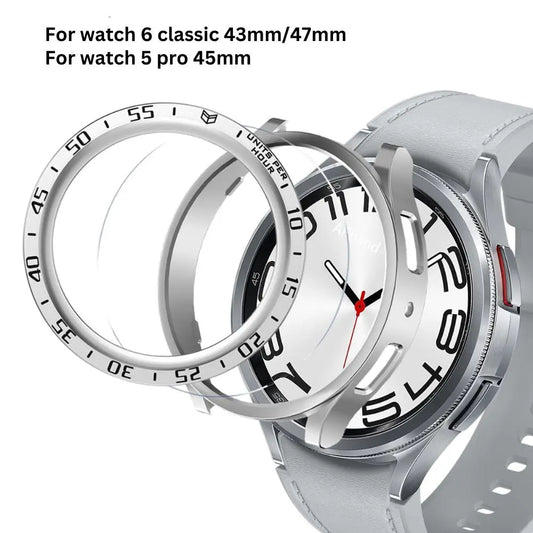 3-piece accessory set for Samsung Galaxy Watch: metal bezel and protective glass for Watch 6 Classic 43mm/47mm and Watch 5 Pro 45mm.