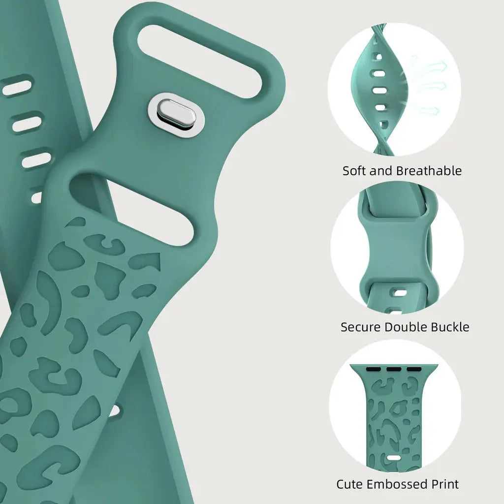 Engraved leopard's paws silicon band with secure buckle, soft breathable material, and embossed print for Apple Watch.