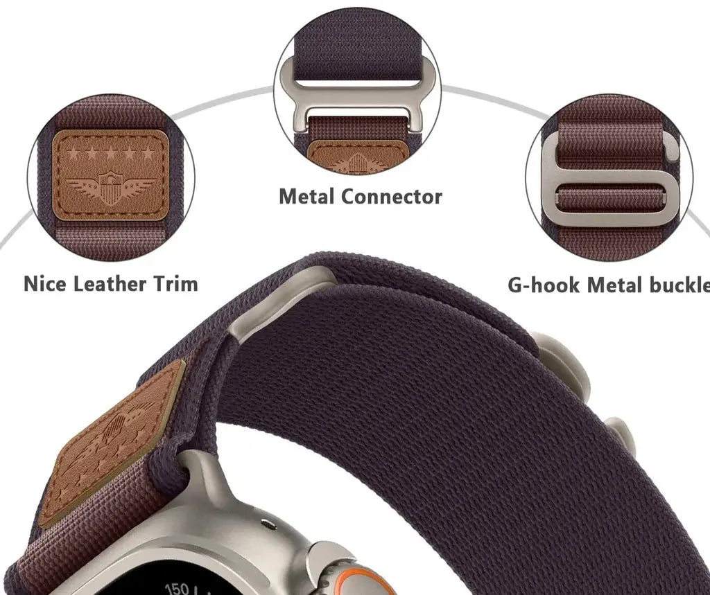 Royal Alpine Loop Apple Watch band with leather trim, G-hook buckle, and metal connector for secure fit and style.