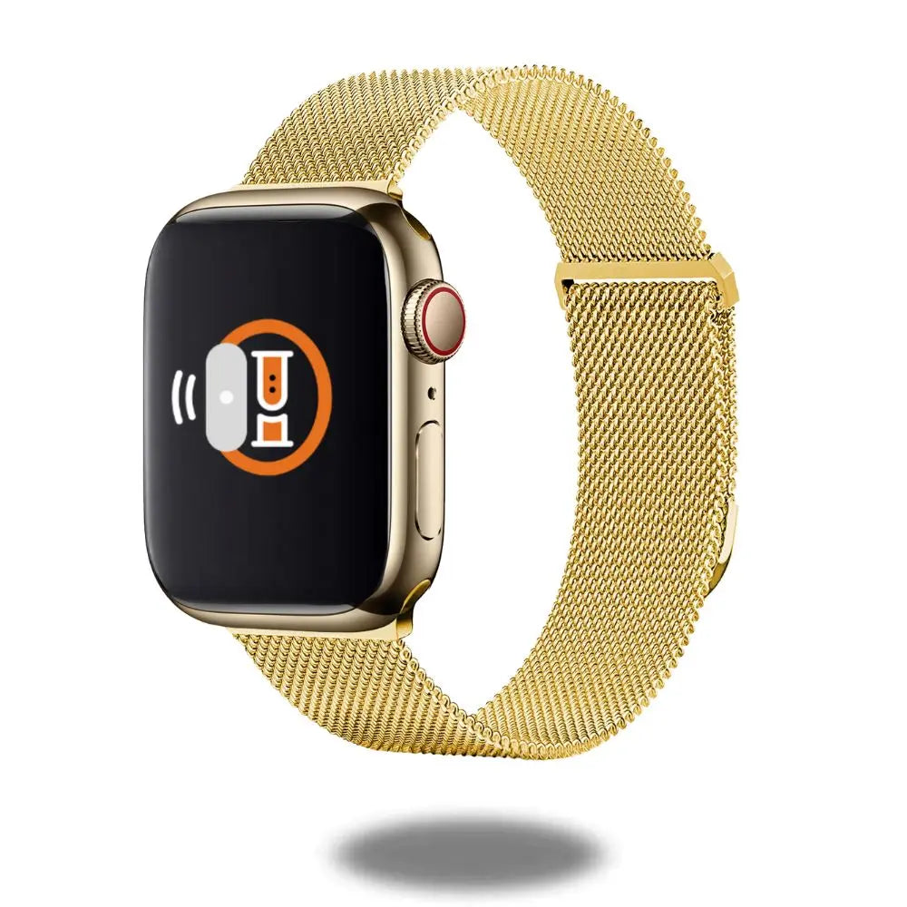 Gold Milanese Loop band for Apple Watch, featuring breathable mesh design and magnetic closure for style and comfort.
