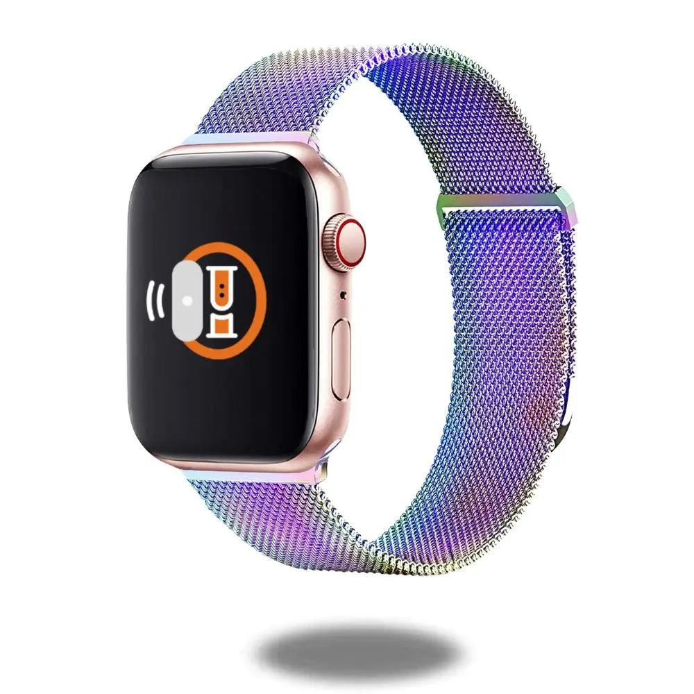 Upgraded Milan Loop stainless steel band for Apple Watch, featuring a colorful mesh design and magnetic closure for comfort.