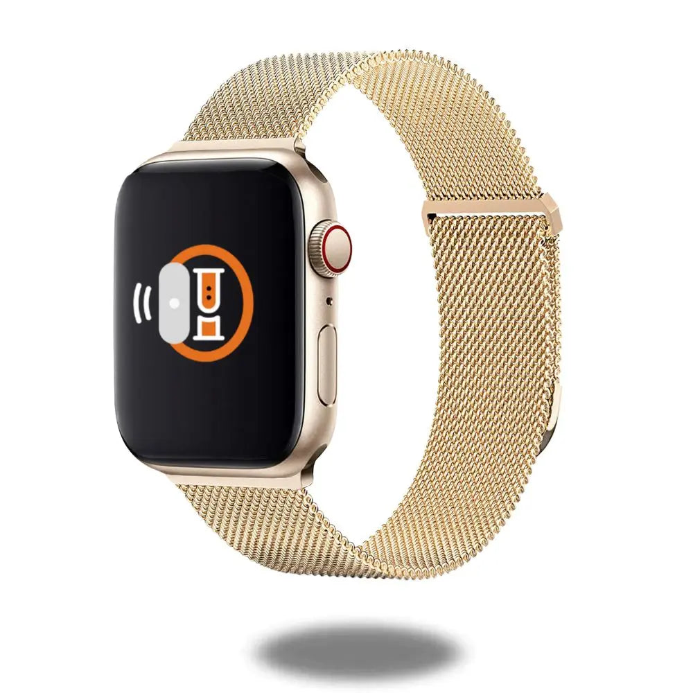 Golden Milan Loop stainless steel band for Apple Watch, featuring a magnetic closure and fine mesh design for style and comfort.