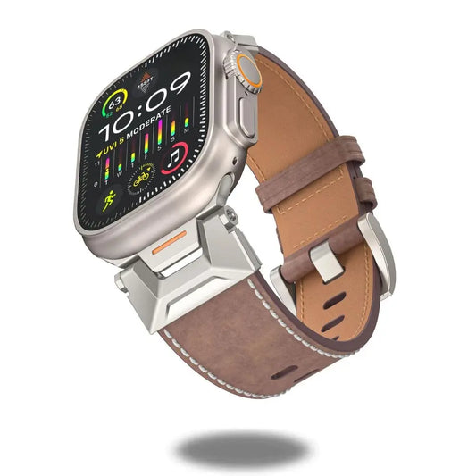 Apple Watch Ultra with brown vintage leather band and stainless steel armor connectors for a stylish look.