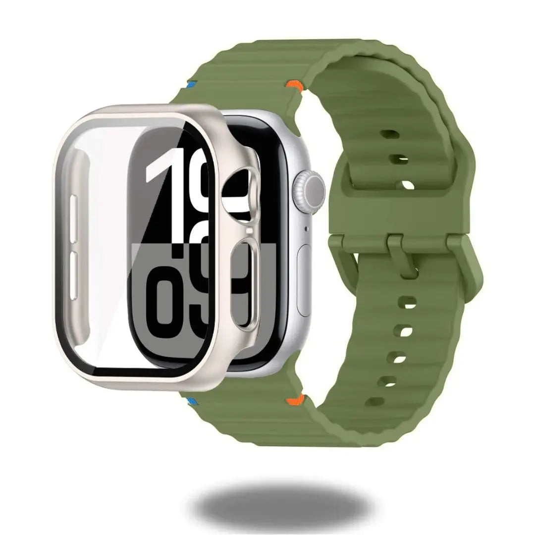 Silicon sports straps and clear case for Apple Watch, providing style and protection with comfortable fit.
