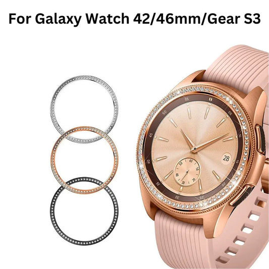 Bling bezel ring set for Galaxy Watch 42/46mm and Gear S3, featuring premium stainless steel with rhinestones.