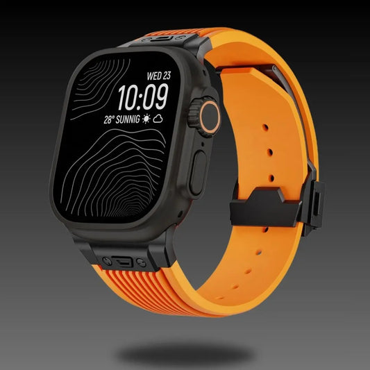 Apple Watch featuring Leonardo Lux Silicon Sports Band in vibrant orange for outdoor activities.