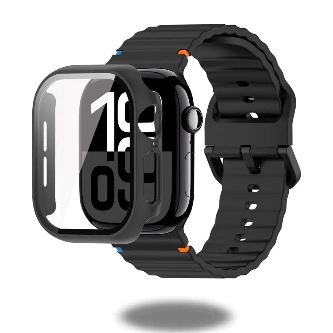 Silicon sports strap and case for Apple Watch, durable silicone, comfortable fit, stylish protection, fits wrist sizes 5.6'-8.5'.