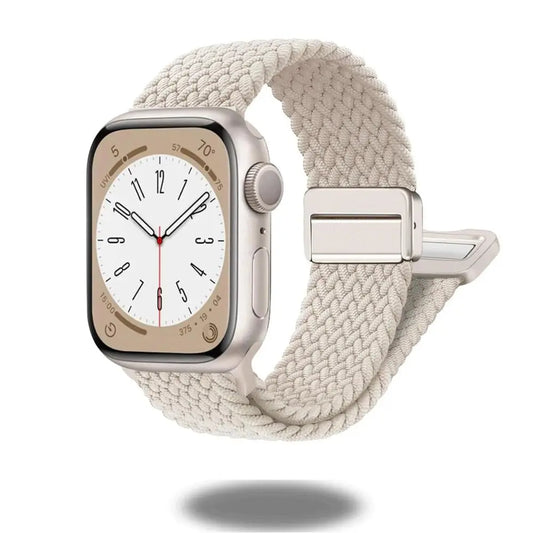 Braided magnetic clasp band for Apple Watch, featuring a high-quality nylon strap in beige with a sleek silver magnetic clasp.