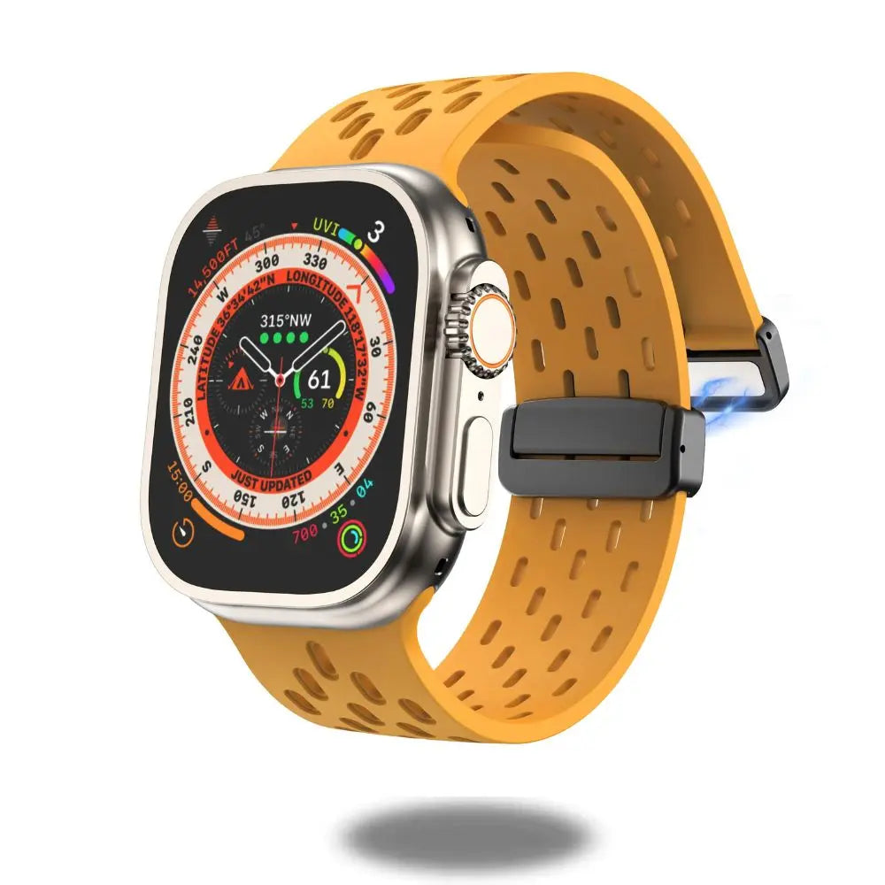 Breathable silicone band with magnetic clasp for Apple Watch, ideal for active lifestyles and sports activities.