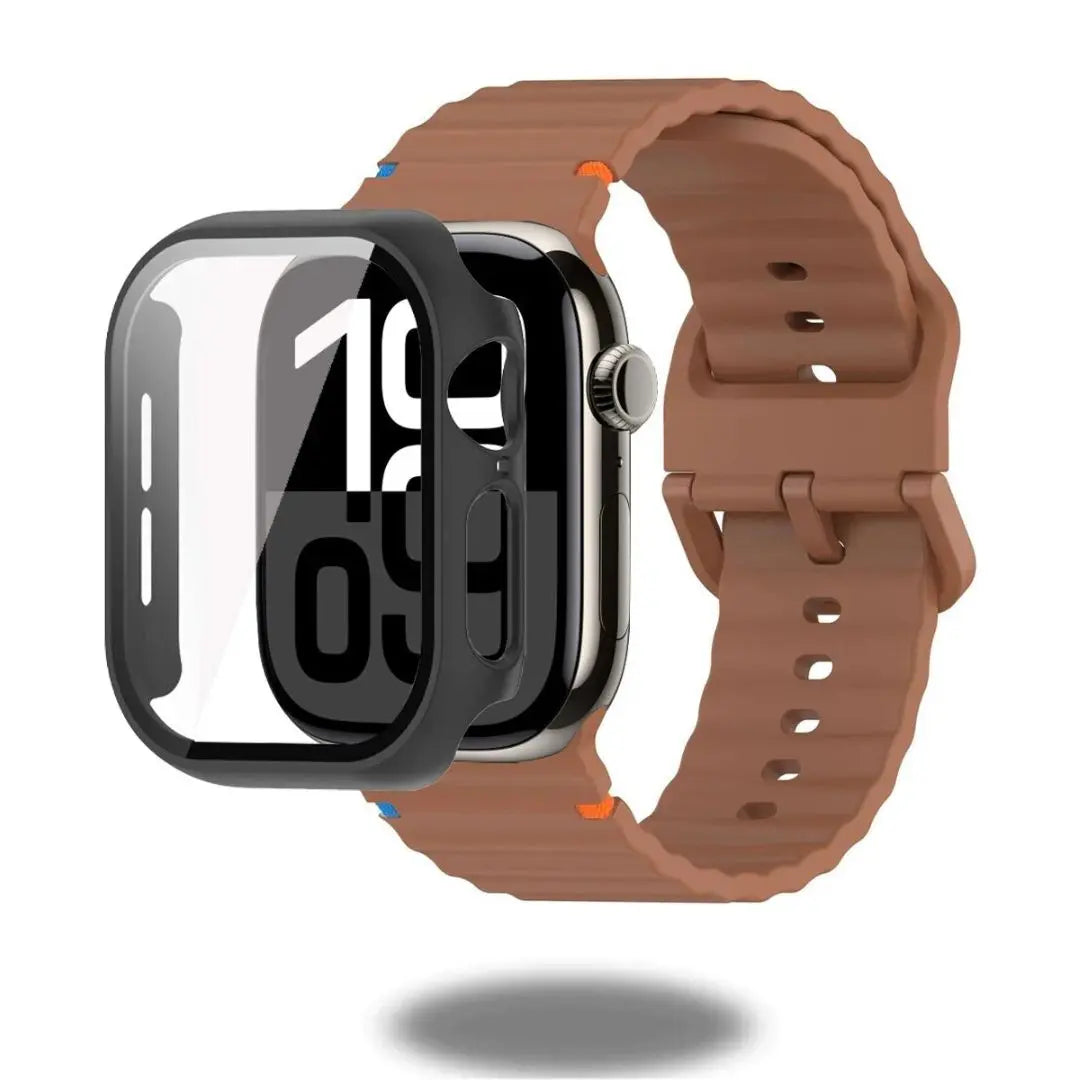 Silicon sports strap and case with glass for Apple Watch, showcasing a stylish brown design and screen protection.