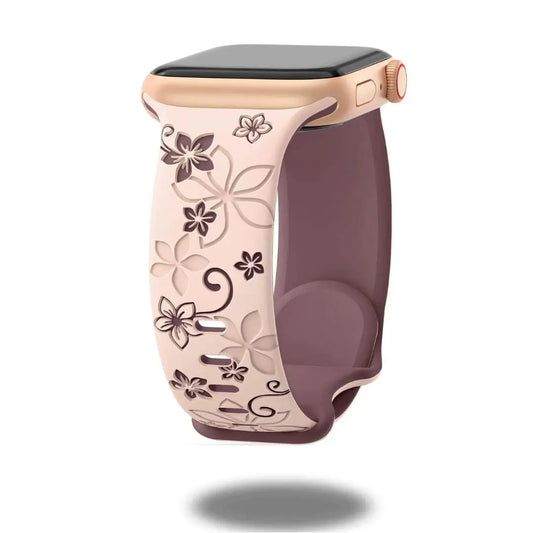 Contessa Lux Flower Pattern Band for Apple Watch, featuring elegant floral engravings and a stylish two-tone design.