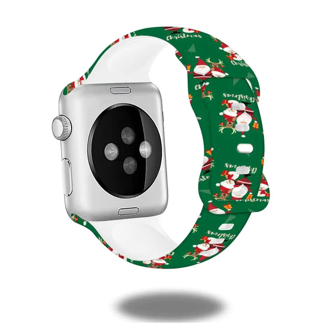 Festive green Christmas Apple Watch band featuring cute snowman design for a cheerful holiday look.
