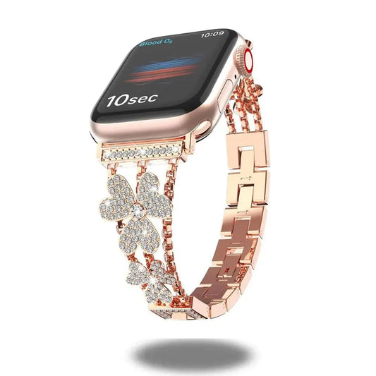 Elegant crystal rhinestones jewelry bracelet for Apple Watch, adorned with flower patterns, adds touch of femininity and sophistication.