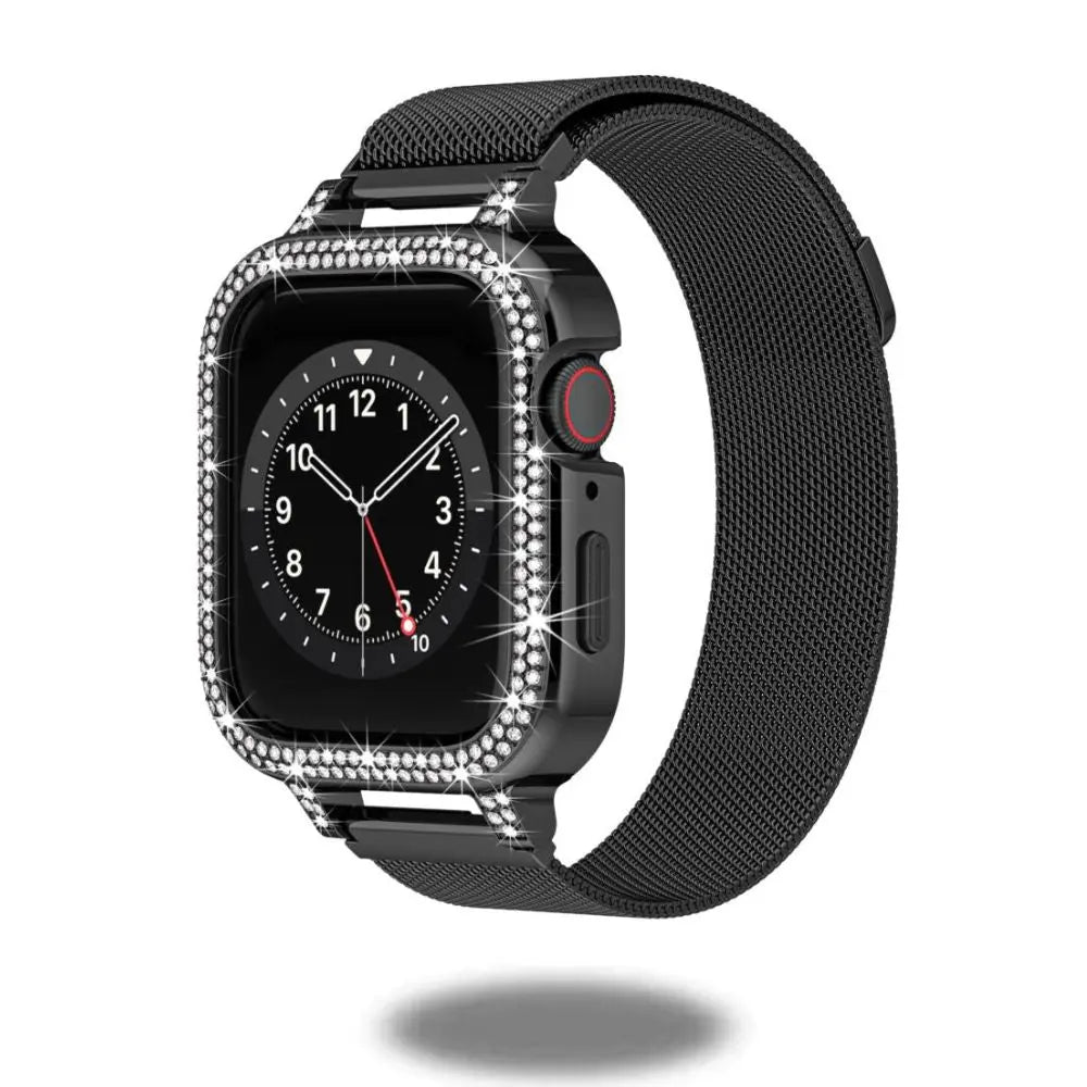 Diamond Case and Milanese Loop for Apple Watch, stylish bling band for iWatch Series 4-8, secure fit design.