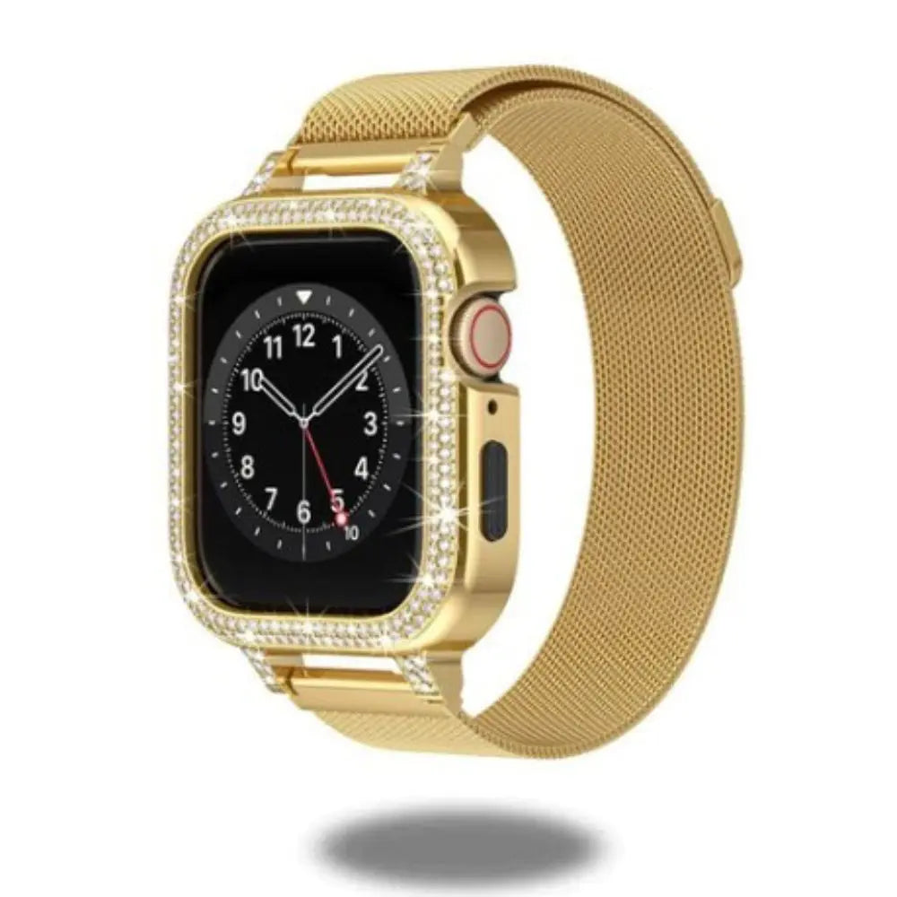 Diamond Case and Milanese Loop for Apple Watch, gold bling band with case, 40mm compatible with iWatch Series 4-8.