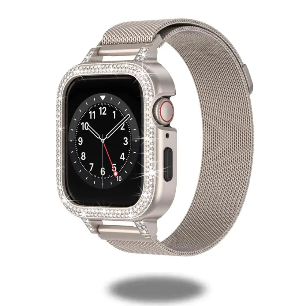 Diamond case and Milanese loop Apple Watch band, compatible with Series 4-8, stylish, secure fit, shockproof design.