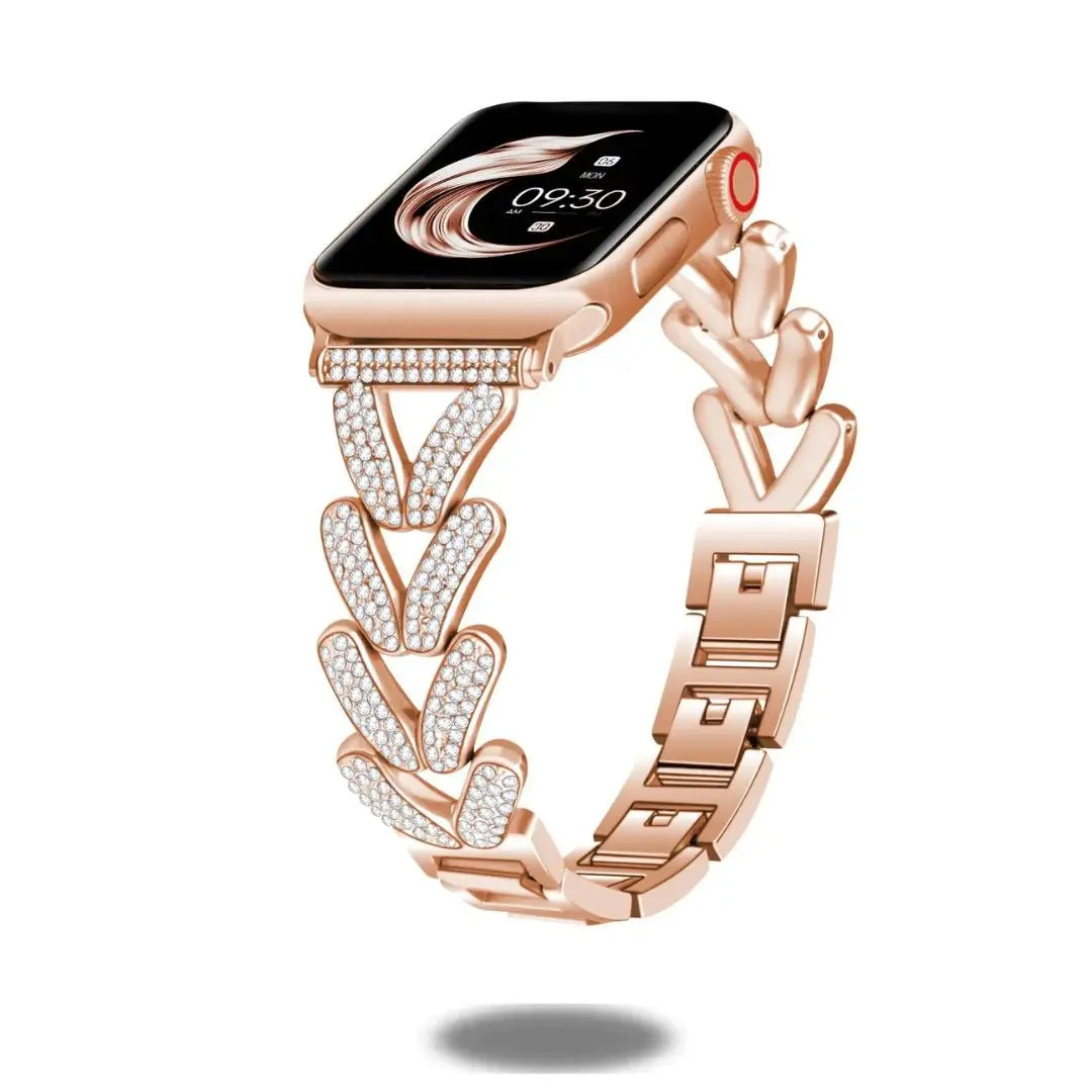 Dizza luxury Apple Watch bracelet with premium rhinestones, perfect for 5.5-7.6 inch wrists and detachable clasps.