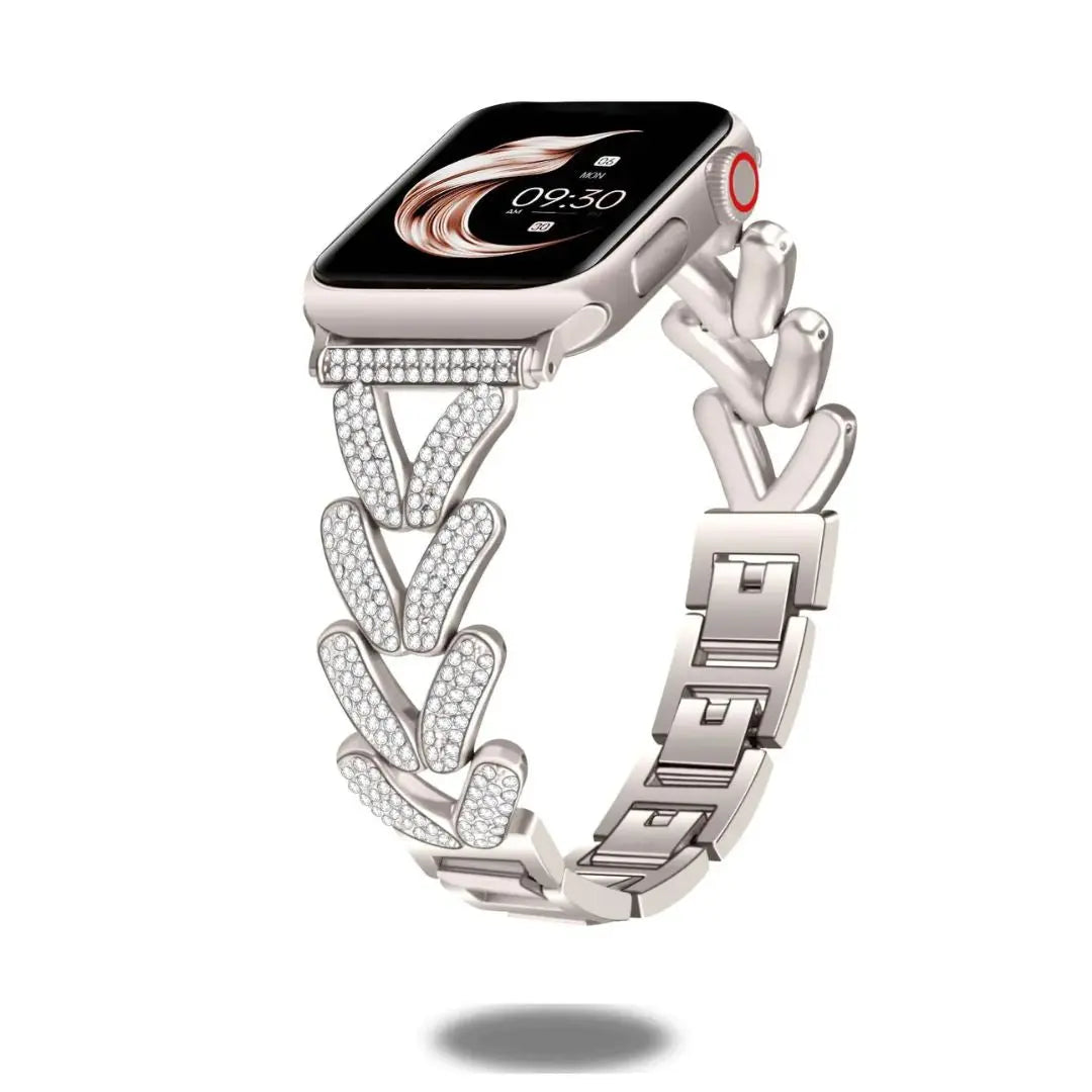 Dizza Jewelry Bracelet for Apple Watch, with rhinestones and adjustable clasp for 5.5-7.6 inch wrists.