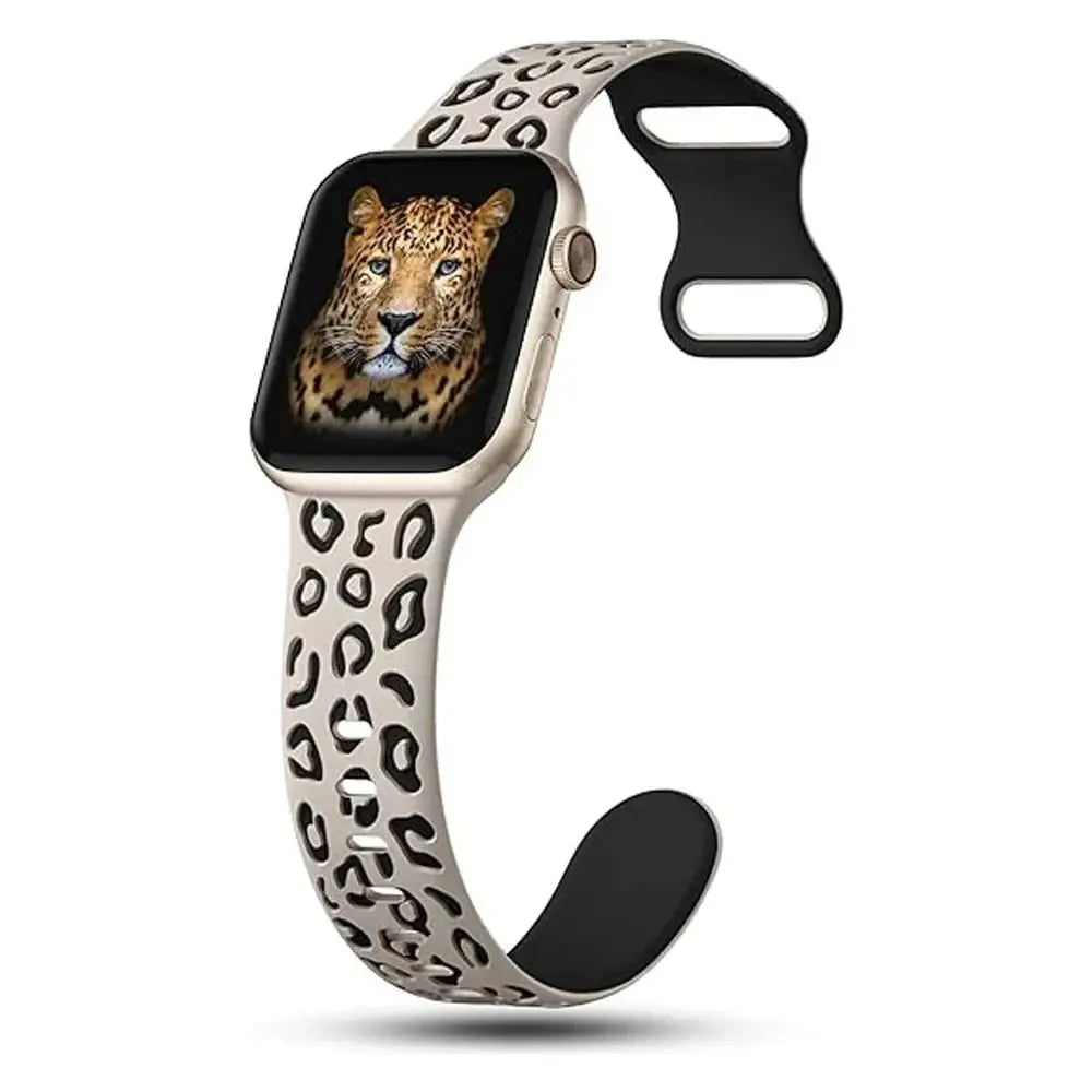 Dual color silicone engraved Apple Watch band with leopard print design for a stylish and bold look.