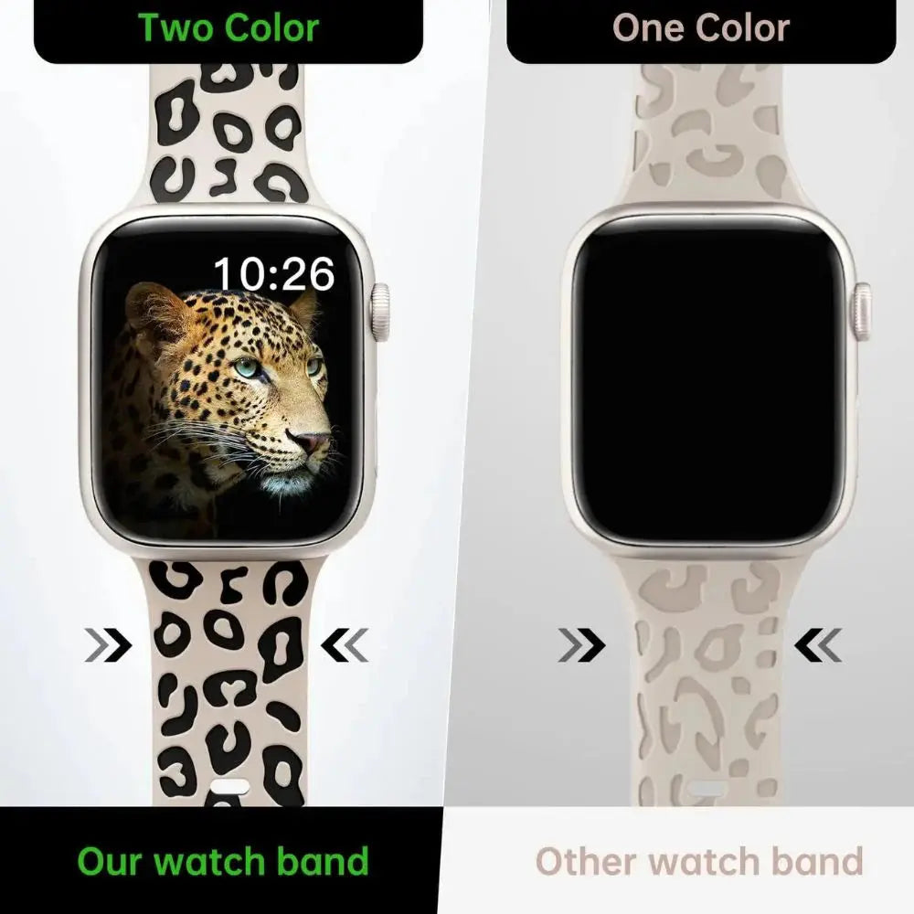 Dual color leopard print silicone engraved Apple Watch band showcasing style and comfort for men and women.
