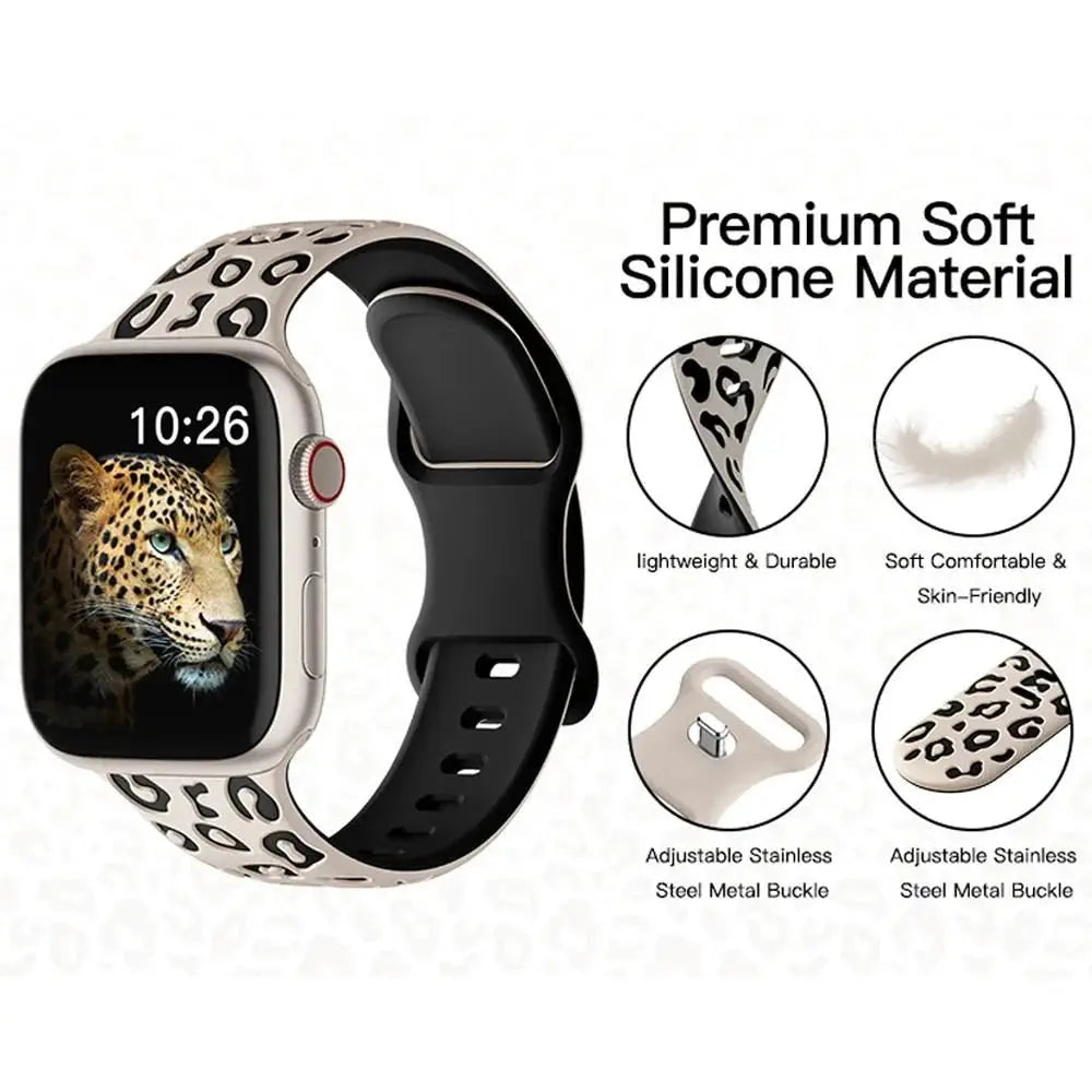 Dual color silicone engraved Apple Watch band with leopard print, lightweight, durable, and comfortable for daily wear.
