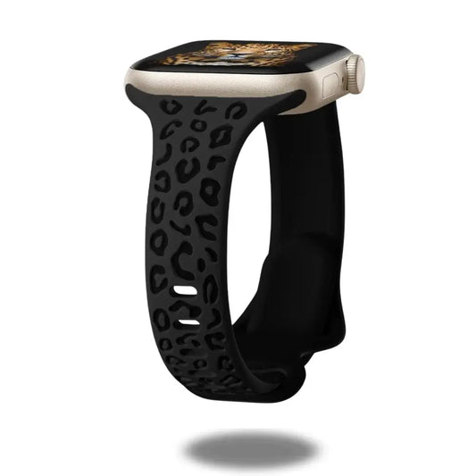 Black silicone Apple Watch band with engraved leopard pattern, combining style and individuality.