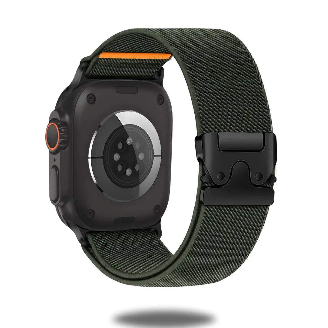 Apple Watch with Parachute Buckle Stretchy Loop Band in green, featuring durable nylon and adjustable titanium clasp.