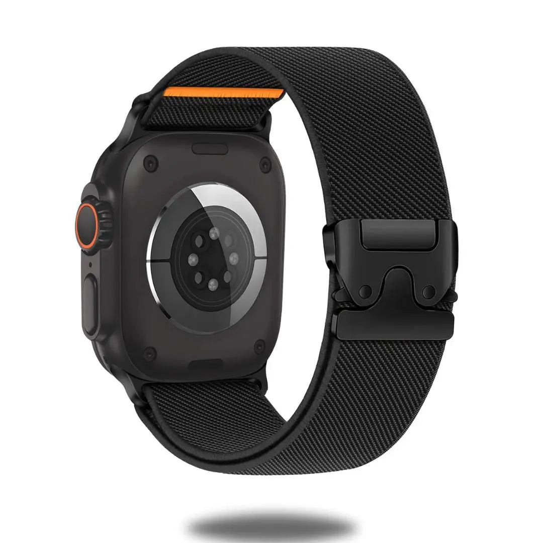 Enzo stretchy loop band for Apple Watch with titanium clasp and durable nylon, showcasing a sleek black design.
