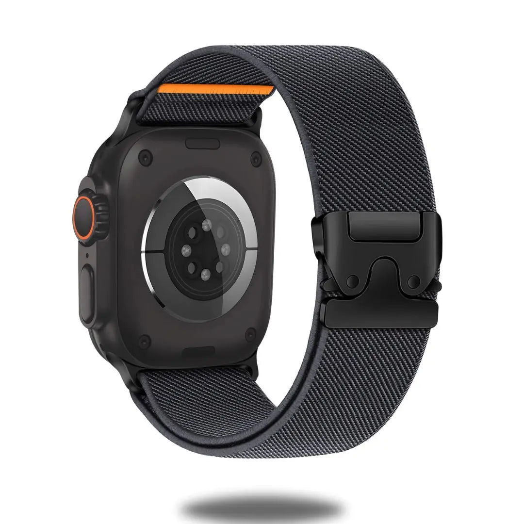 Close-up of Enzo Stretchy Loop Apple Watch band with parachute clasp, showcasing durable nylon construction and secure fit.