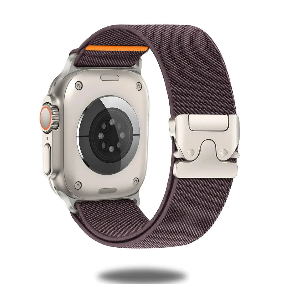Apple Watch with Enzo Stretchy Solo Loop band, featuring parachute buckle for secure and comfortable fit.