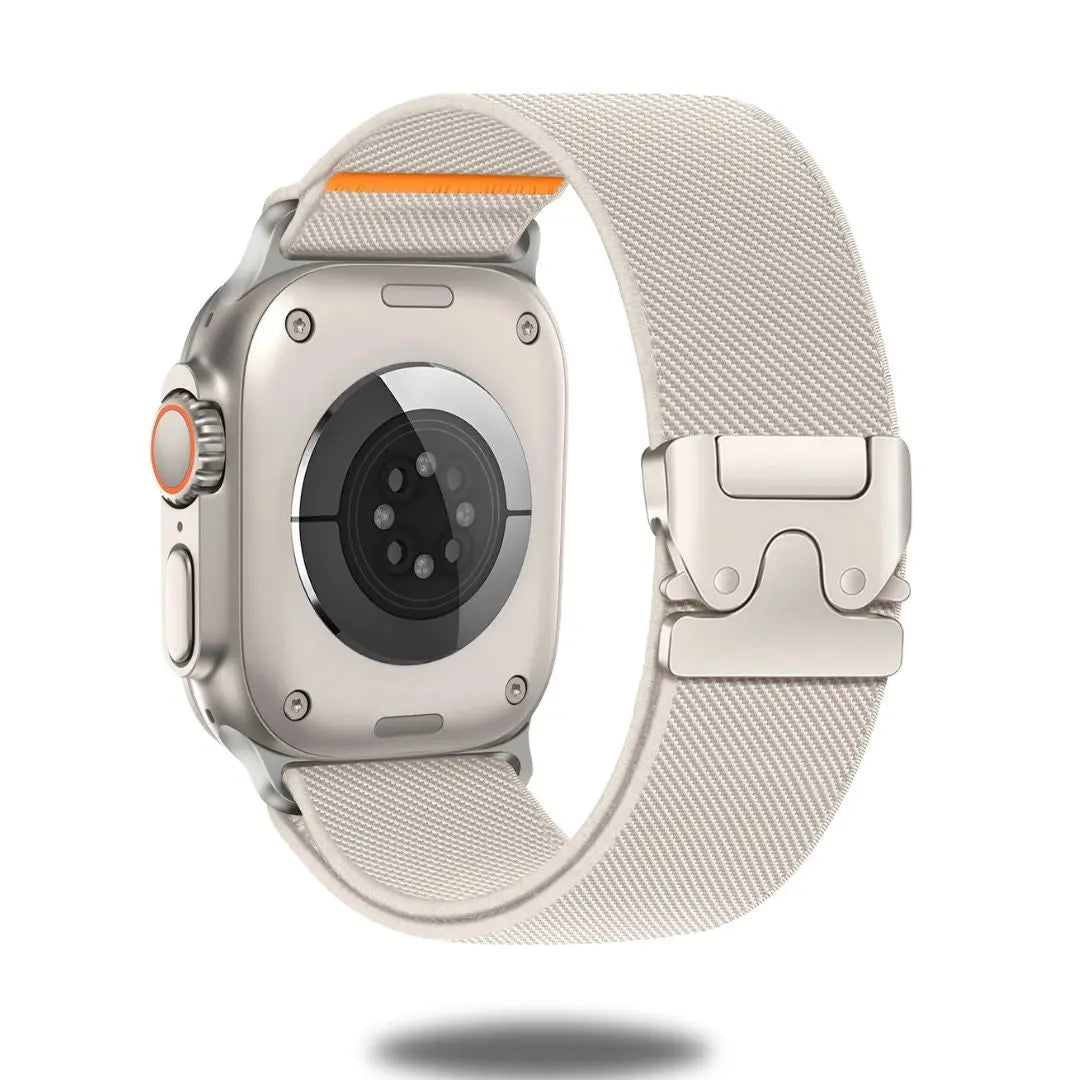 Apple Watch with Parachute Buckle Stretchy Solo Loop Band in lightweight nylon, showcasing secure fit and innovative clasp.