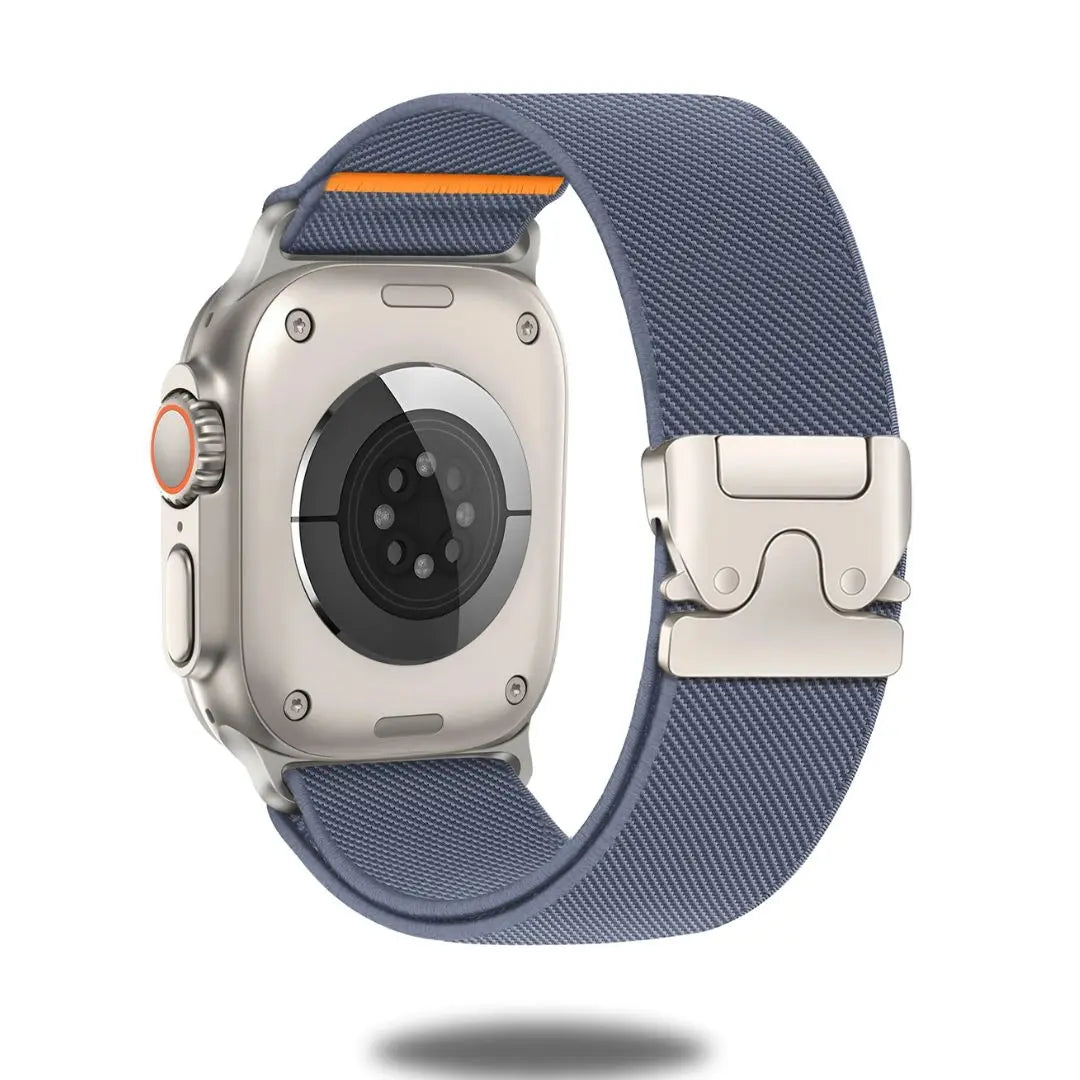 Side view of Apple Watch with Enzo stretchy solo loop band, featuring parachute buckle and durable nylon material.
