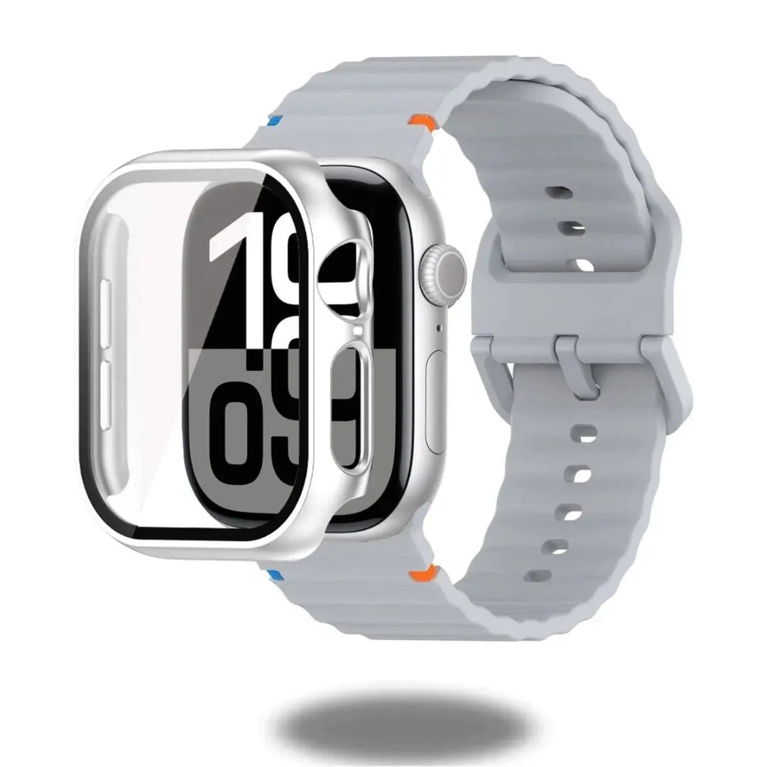 Silicon sports straps and protective case for Apple Watch, showcasing a durable silicone design in gray.