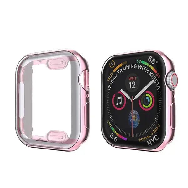 TPU Cover Screen Protector for Apple Watch with pink frame and clear design to safeguard against scratches and impacts.