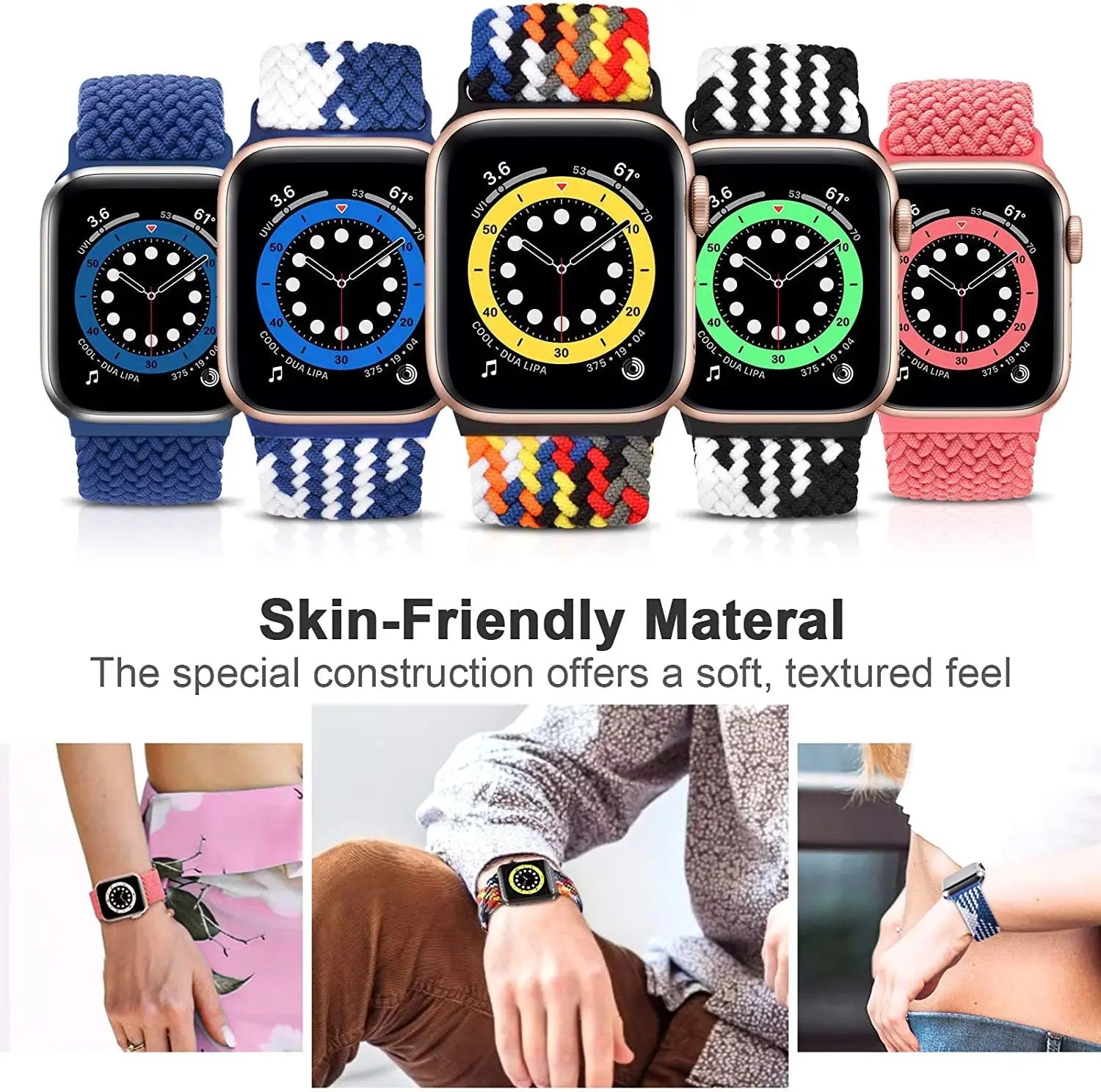Colorful braided sports bands for watches, made from stretchy, skin-friendly material, perfect for exercise and comfort.