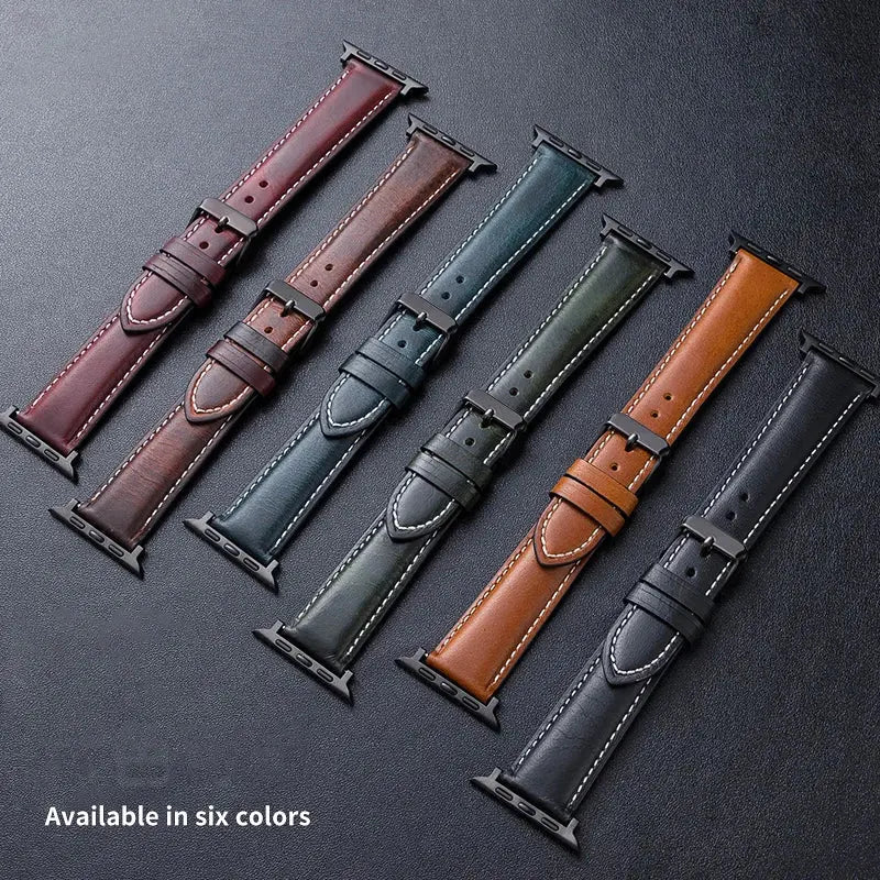 Oil waxed genuine leather Apple Watch bands in six colors, showcasing classic design and elegant craftsmanship.
