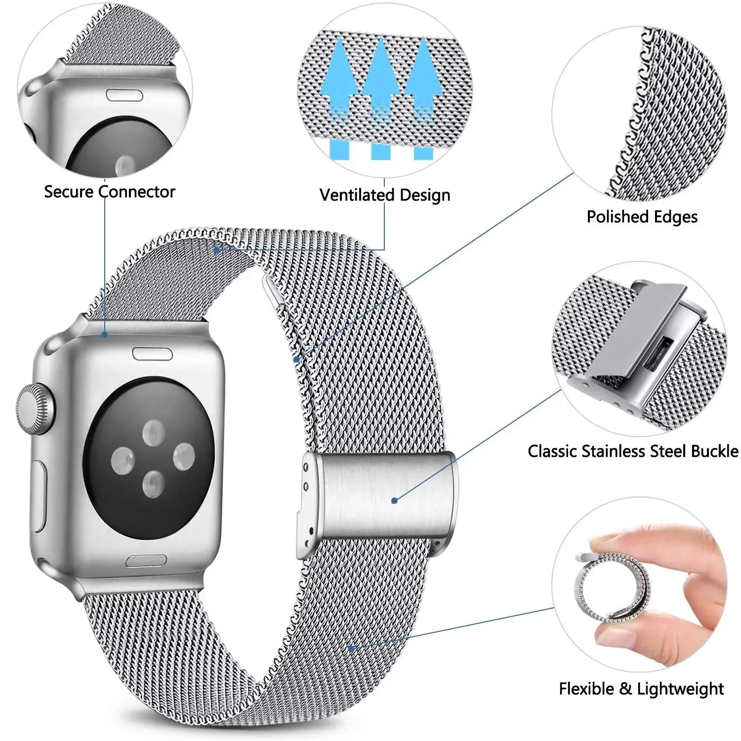 Milanese strap for Apple Watch showcasing secure connector, ventilated design, and polished edges with a classic stainless steel buckle.