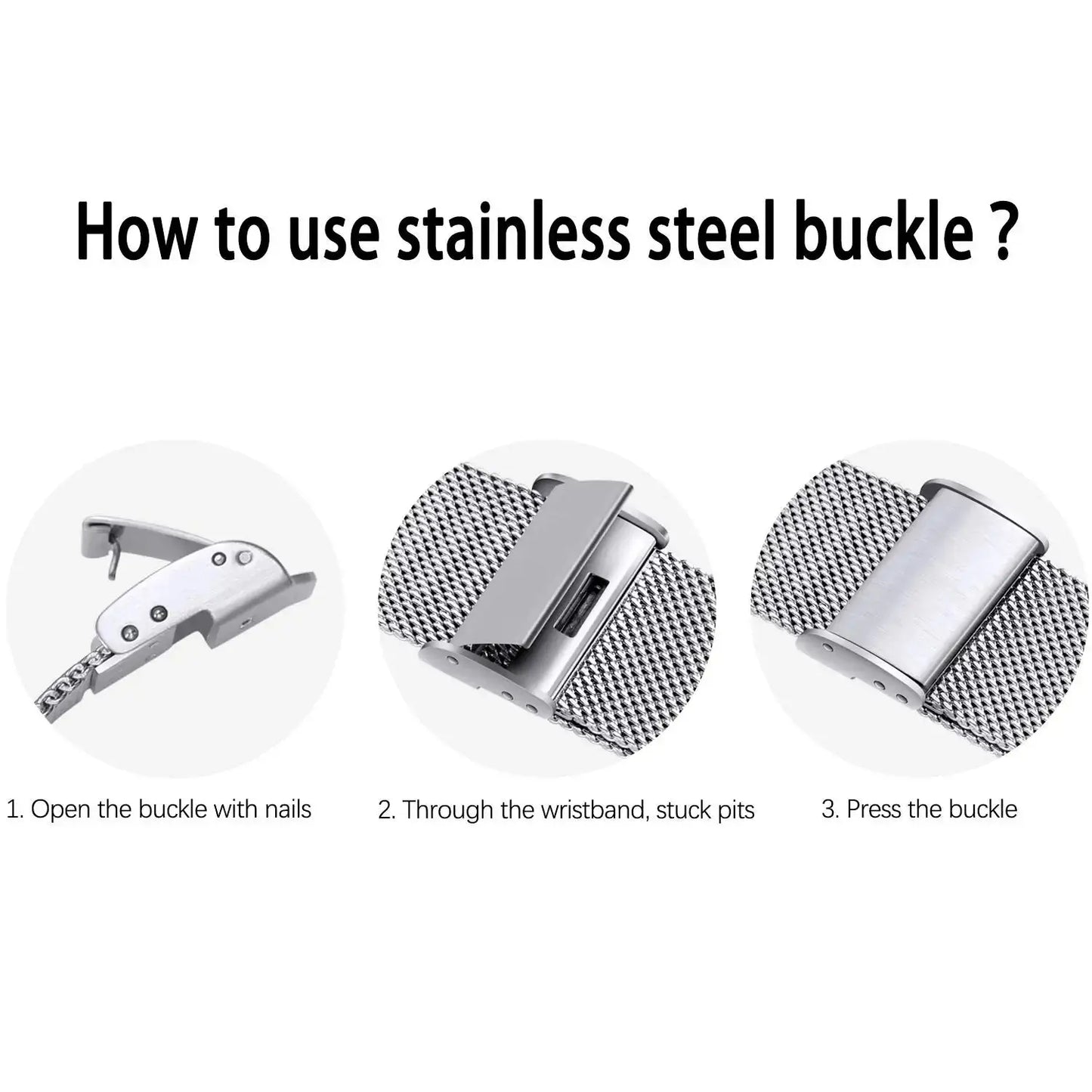 Steps to use stainless steel buckle for Milanese strap on Apple Watch, demonstrating easy installation and adjustment.
