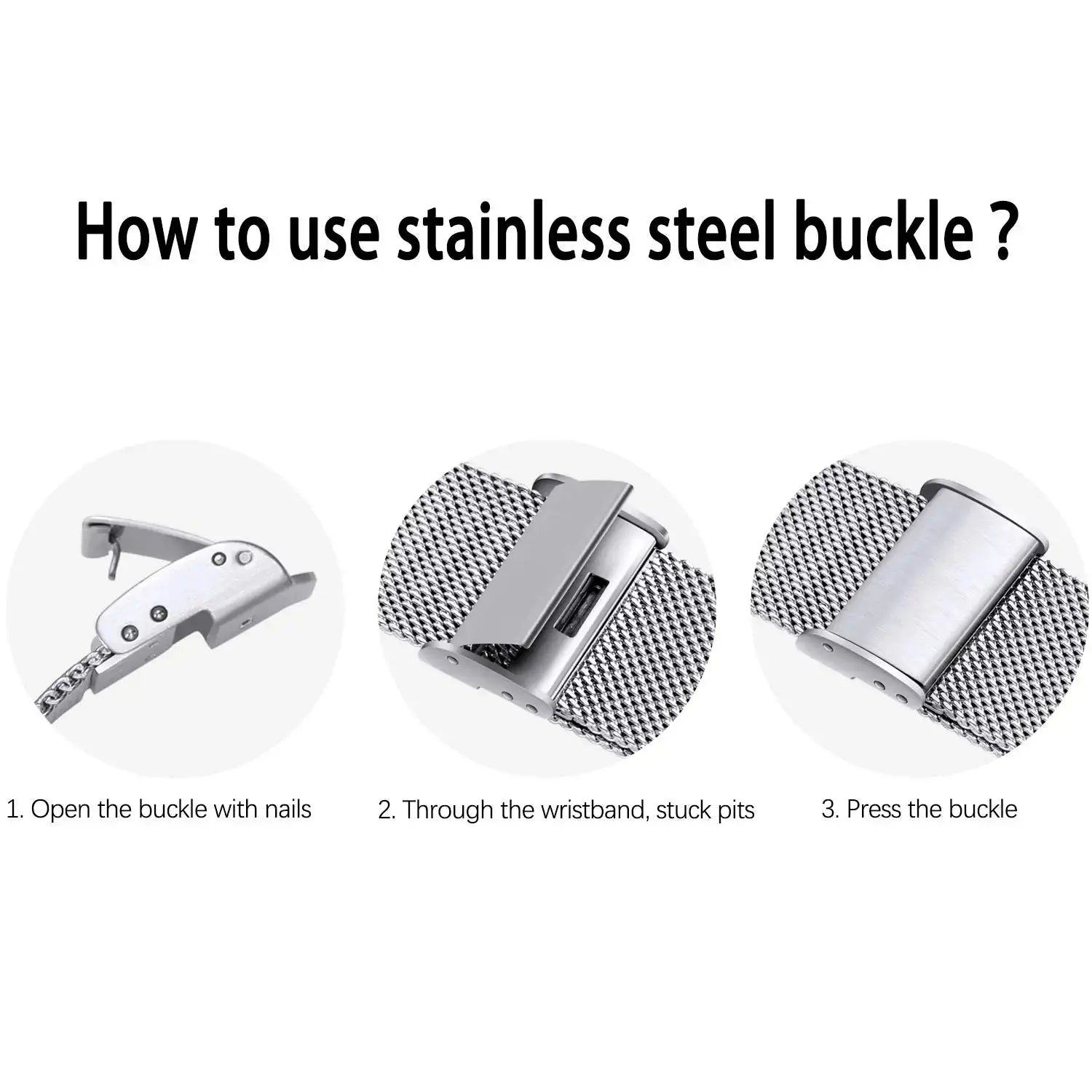 Steps to use stainless steel buckle for Milanese strap on Apple Watch, demonstrating easy installation and adjustment.