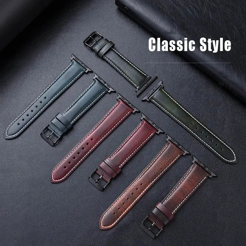 Classic style genuine leather Apple Watch bands in various colors and designs, showcasing elegance and craftsmanship for any occasion.